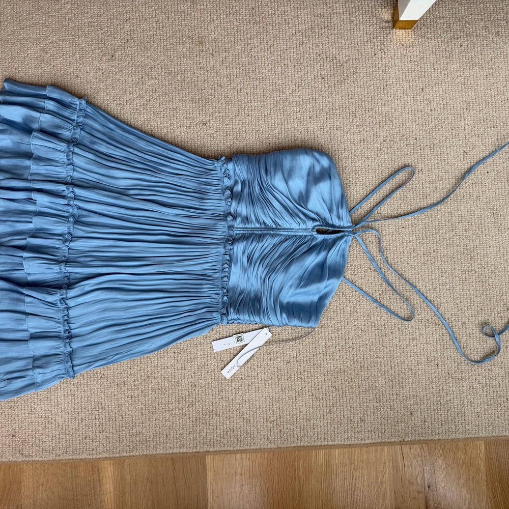 Aqua Pleated Halter Mini Dress in Blue